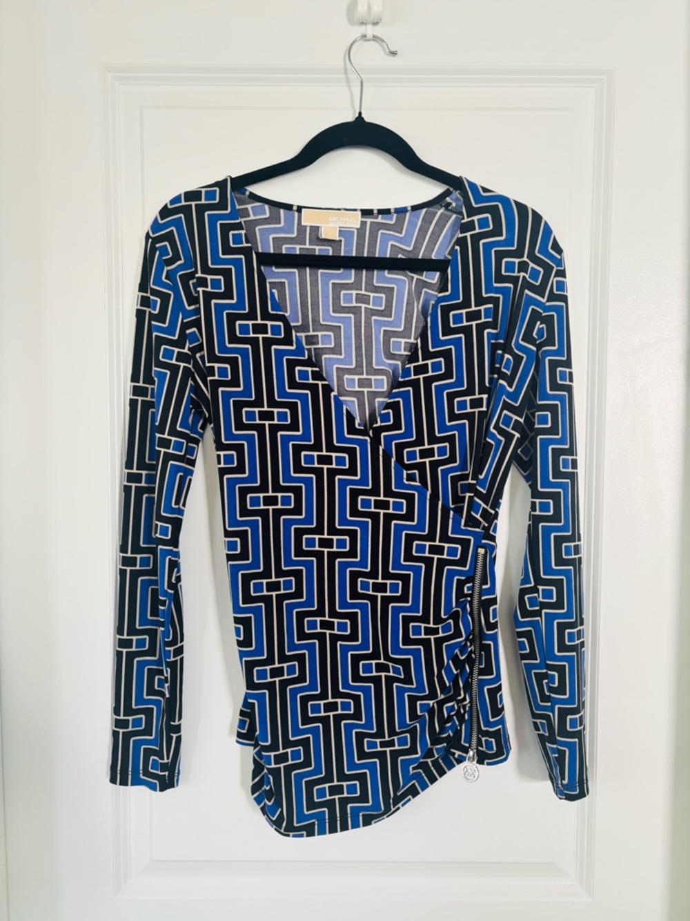Michael Kors Geometric Print Blue Wrap Long Sleeve Top in Small